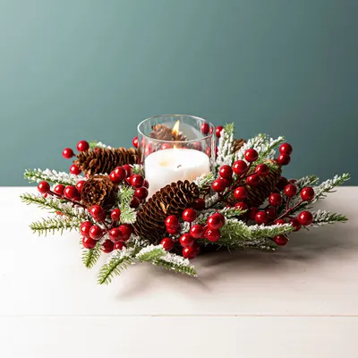 KSP Christmas Greens 'Round' Candle Centerpiece w/Berries (Red/Green)