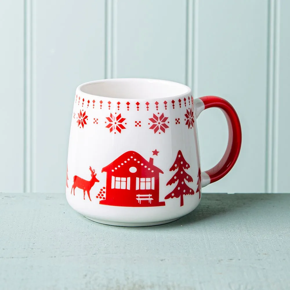 KSP Christmas Snug 'Chalet' Ceramic Hug Mug 400ml/14oz. (White/Red)