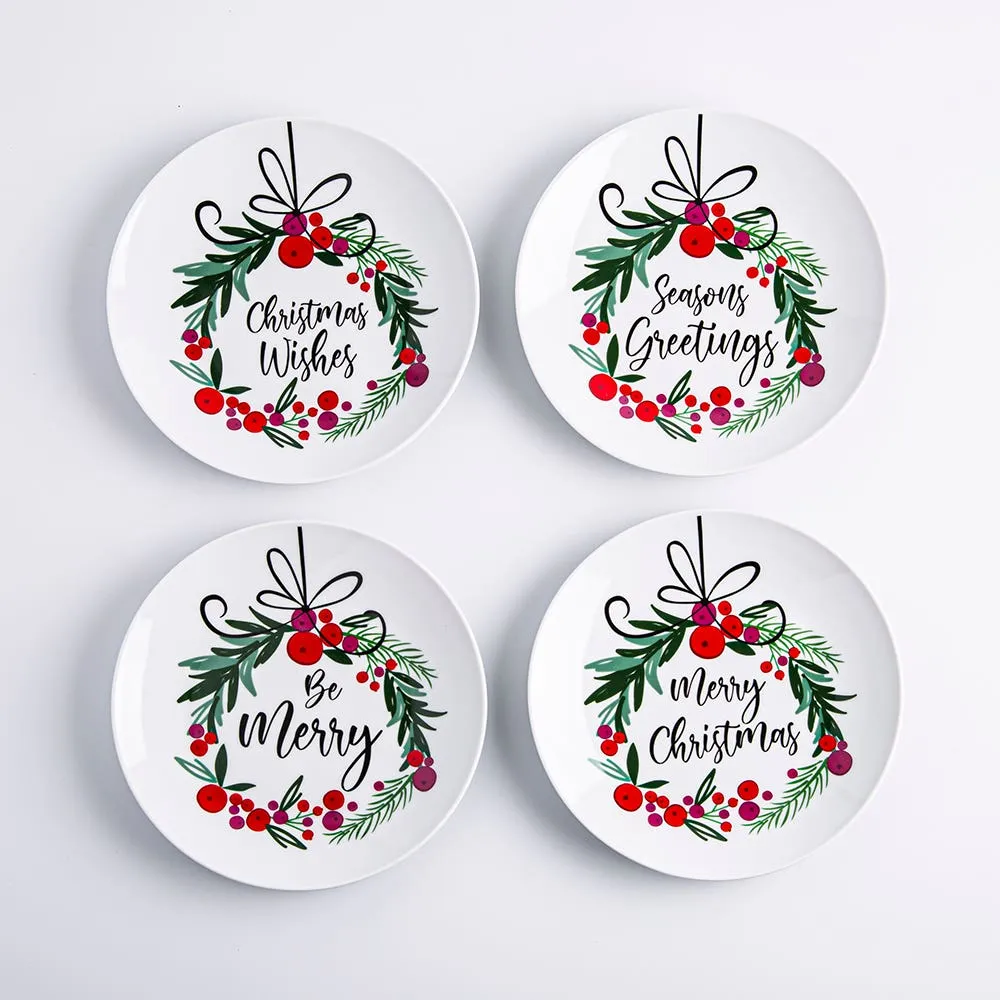 KSP Christmas Decal 'Wreath W/Bowl' Side Plate - S/4 (Multi Colour)