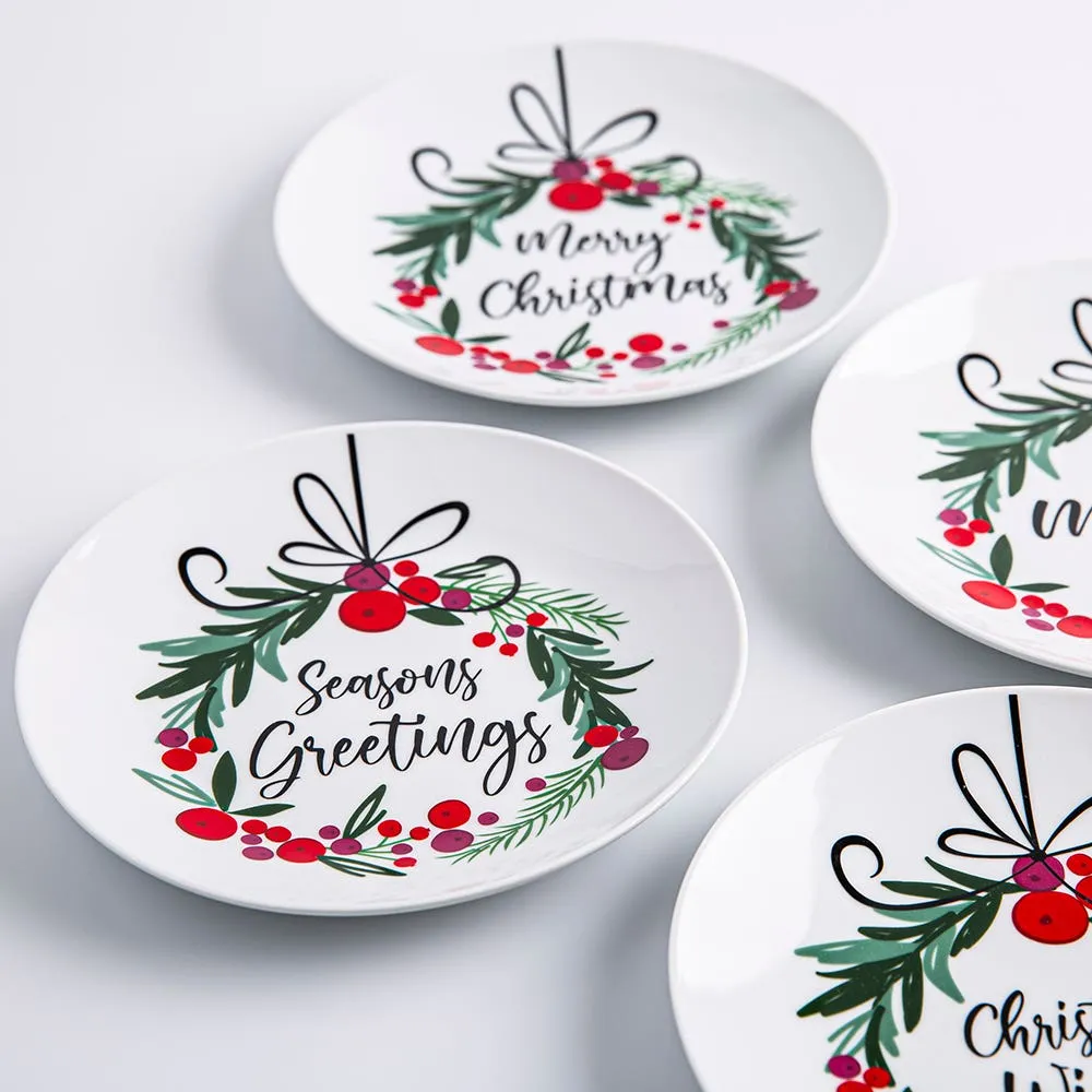 KSP Christmas Decal 'Wreath W/Bowl' Side Plate - S/4 (Multi Colour)