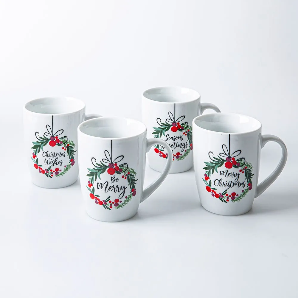 KSP Christmas Decal 'Wreath W/Bow' Porcelain Mug - S/4 (Multi Colour)