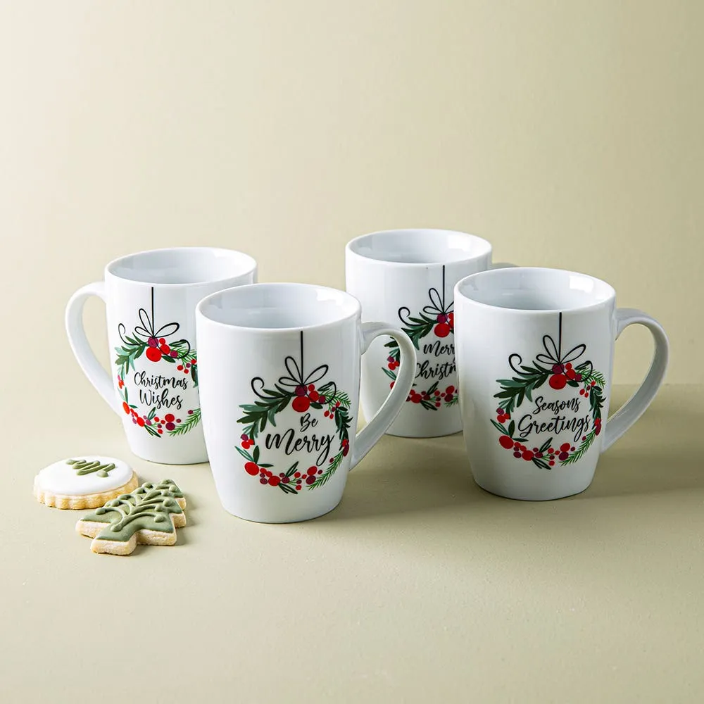 KSP Christmas Decal 'Wreath W/Bow' Porcelain Mug - S/4 (Multi Colour)