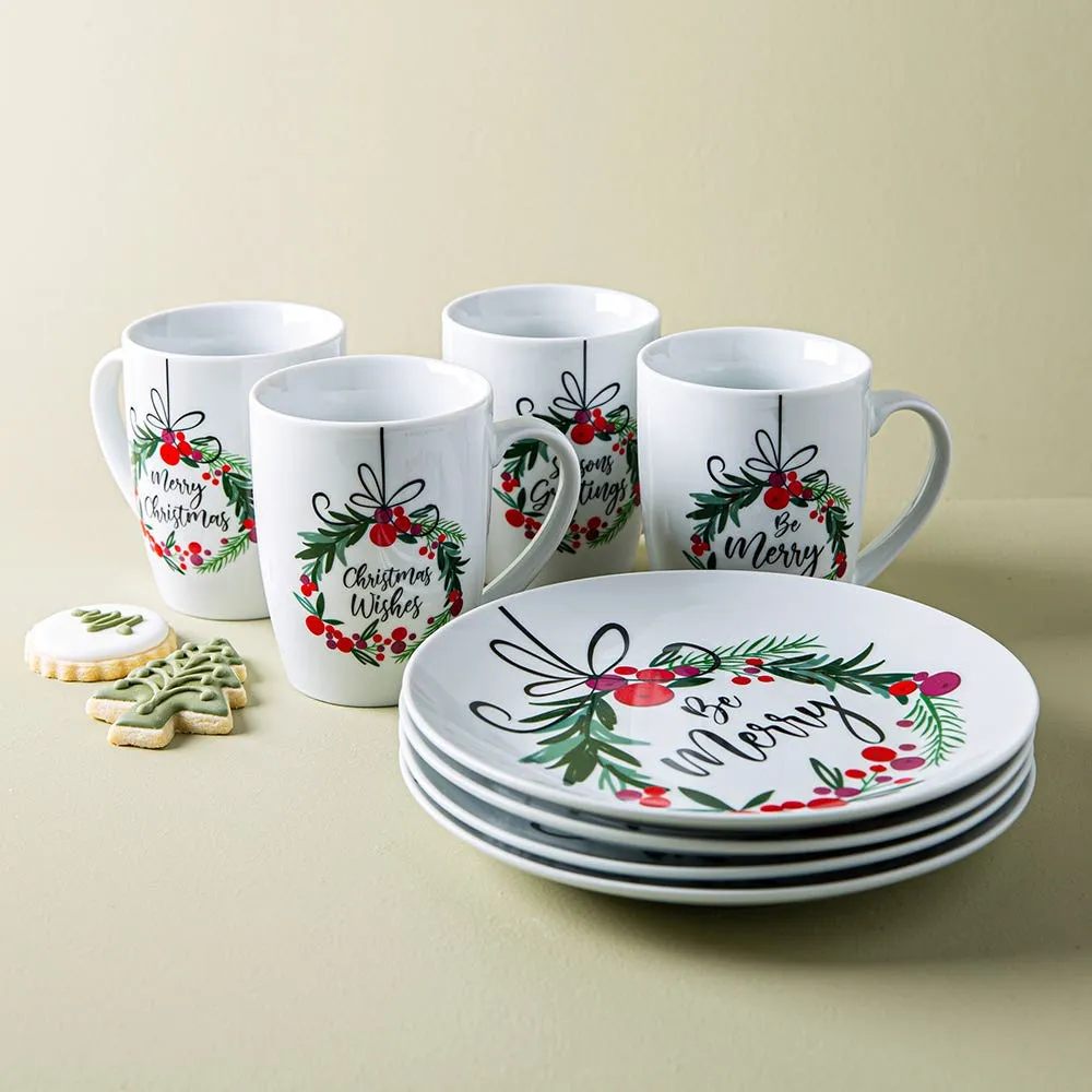 KSP Christmas Decal 'Wreath W/Bow' Porcelain Mug - S/4 (Multi Colour)