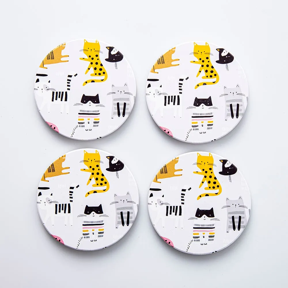 KSP Ceramica 'Cats' Coaster - Set of 4 10cm Dia.(Multi Colour)