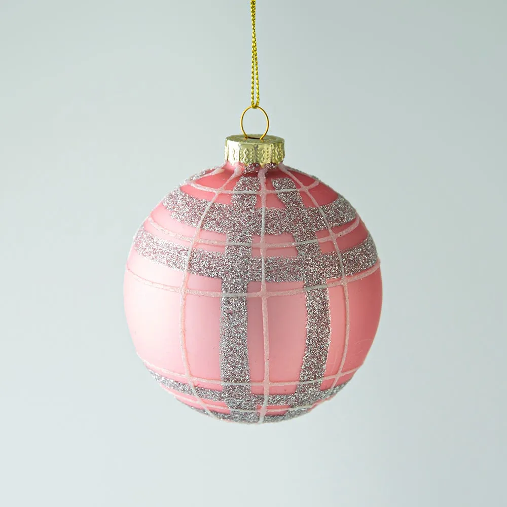 KSP Christmas 'Plaid' Glass Ball Ornament (Pink/Silver)