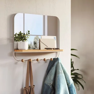Umbra Estique Wall Mirror with Shelf 6-Hook (White/Natural)