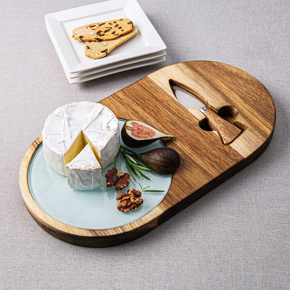 KSP Acacia Wood Cheese Board with Knife - Set of 2 33x18x2cm