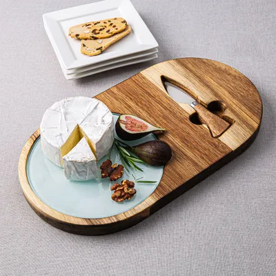 KSP Acacia Wood Cheese Board with Knife - Set of 2 33x18x2cm