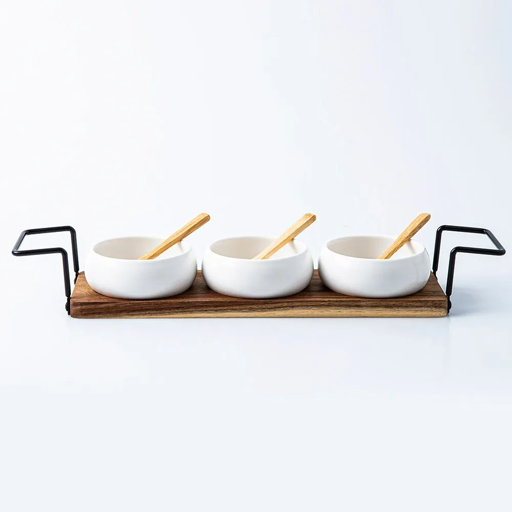 KSP Acacia Tray with Ceramic Bowls and Spoons - Set of 7 (White)