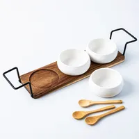 KSP Acacia Tray with Ceramic Bowls and Spoons - Set of 7 (White)