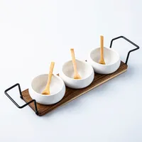 KSP Acacia Tray with Ceramic Bowls and Spoons - Set of 7 (White)