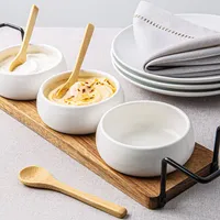 KSP Acacia Tray with Ceramic Bowls and Spoons - Set of 7 (White)