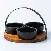 KSP Acacia Tray with Ceramic Bowls - Set of 4 22cm dia. x 15cm (Black)