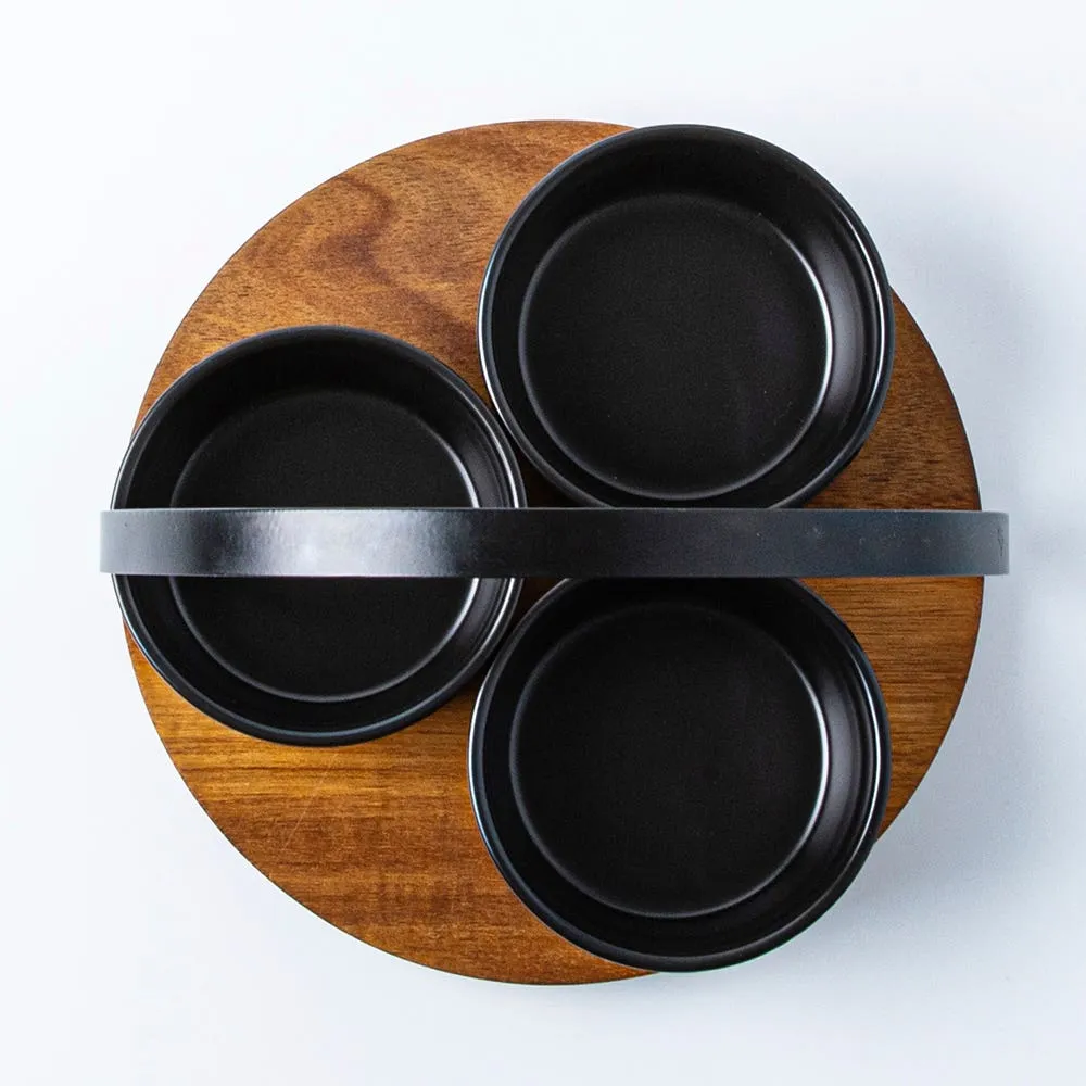 KSP Acacia Tray with Ceramic Bowls - Set of 4 22cm dia. x 15cm (Black)