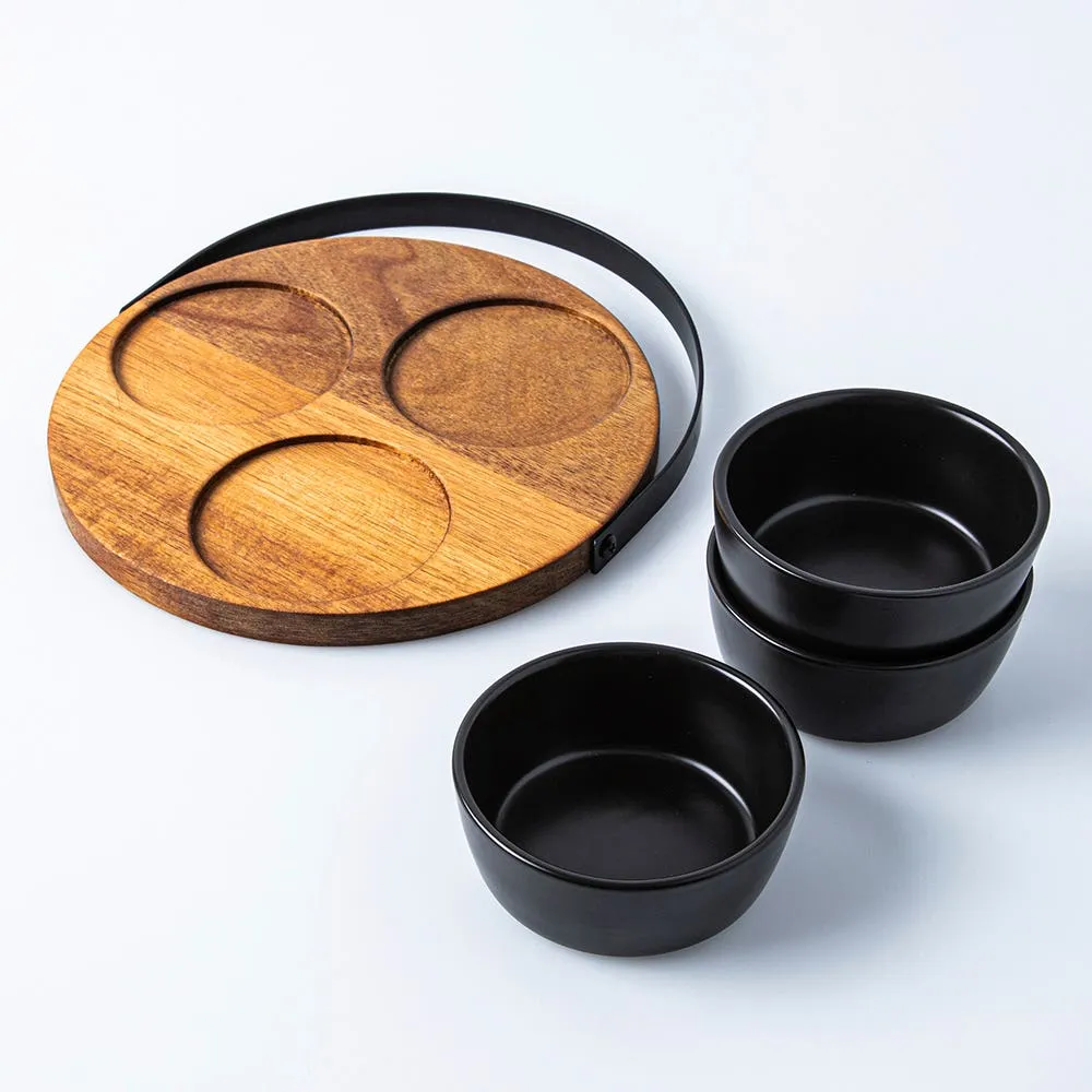 KSP Acacia Tray with Ceramic Bowls - Set of 4 22cm dia. x 15cm (Black)