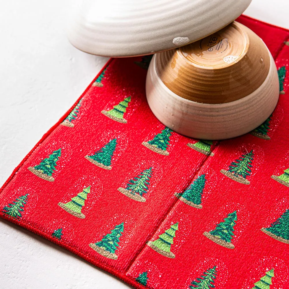 Harman Christmas 'Merry Trees' Microfibre Dish Drying Mat 15x20" (Red)