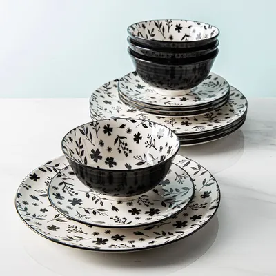 KSP Bonnie Porcelain Dinnerware - Set of 12 (Black/White)