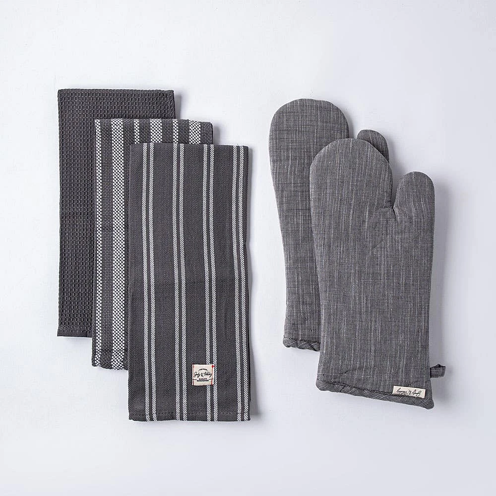 Harman Allure Cotton Oven Mitt and Towel Combo Set of 5 (Charcoal)