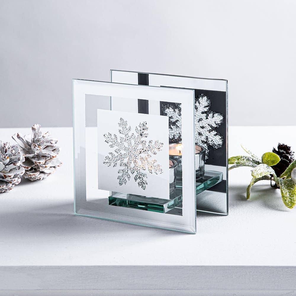 KSP Christmas Mirror 'Snowflake' Glass Tealight Holder -Light