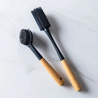 KSP Soft Bristle Silicone Bamboo Handle Dish Brush with Scraper Tip