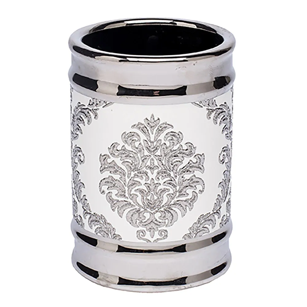 Moda At Home Damask Ceramic Tumbler (White/Silver)