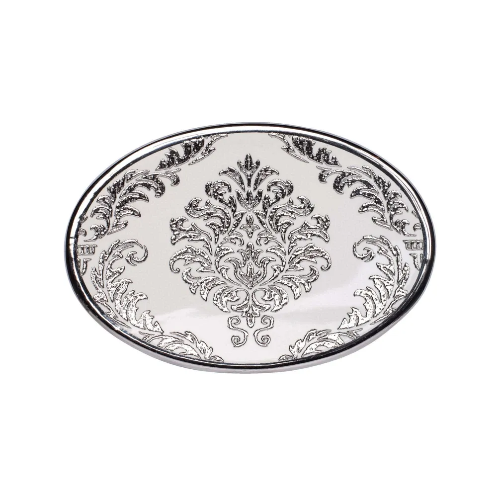 Moda At Home Damask Ceramic Soap Dish (White/Silver)