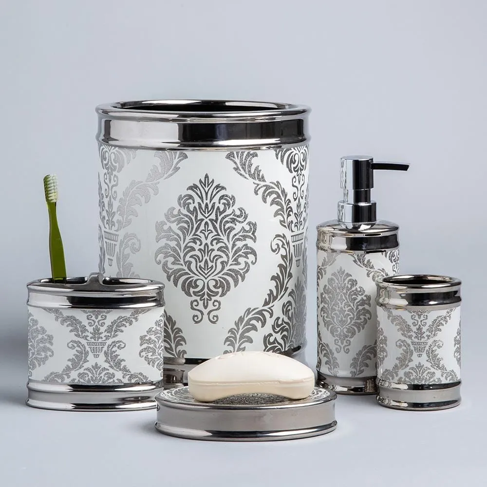 Moda At Home Damask Ceramic Soap Dish (White/Silver)