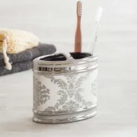 Moda At Home Damask Ceramic Toothbrush Holder (White/Silver)