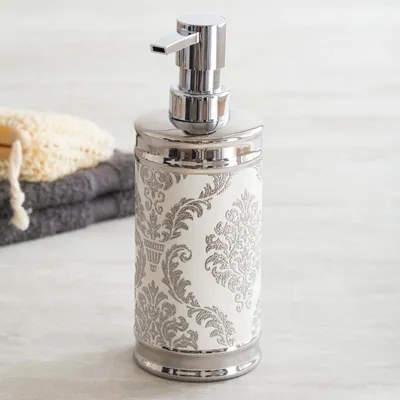 Moda At Home Damask Ceramic Soap Pump (White/Silver)