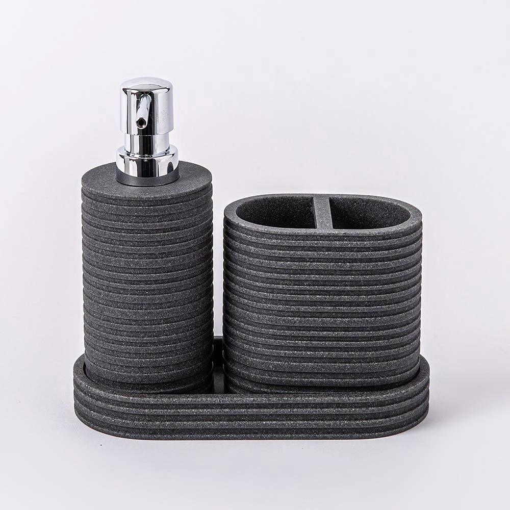 KSP Berkeley Stripe Resin Bath Accessory - Set of 3 (Grey/Black)