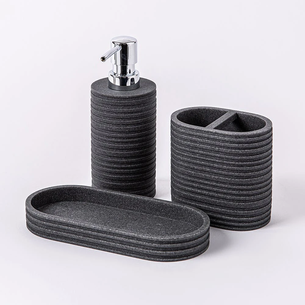 KSP Berkeley Stripe Resin Bath Accessory - Set of 3 (Grey/Black)
