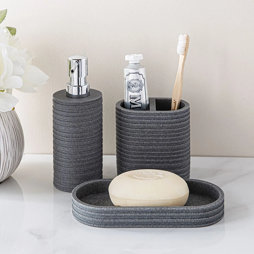 KSP Berkeley Stripe Resin Bath Accessory - Set of 3 (Grey/Black)