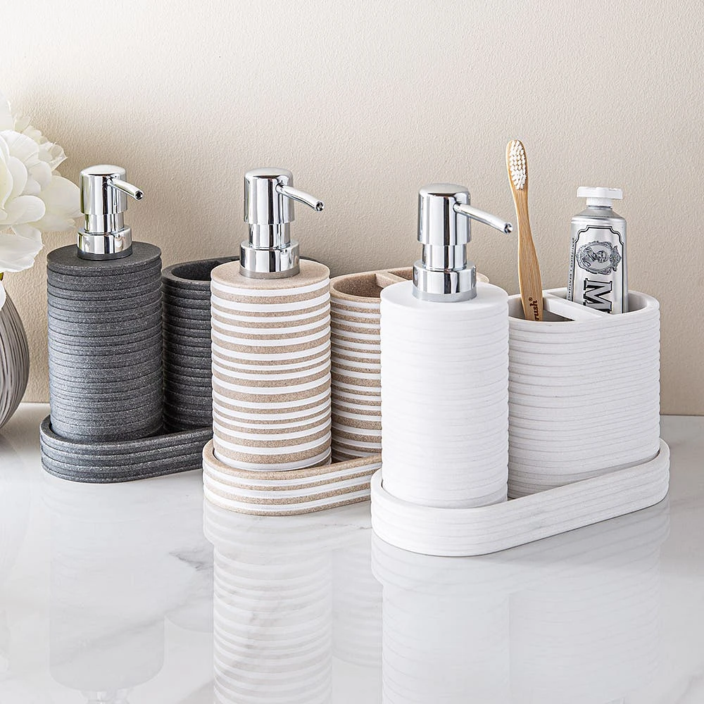 KSP Berkeley Stripe Resin Bath Accessory - Set of 3 (Grey/Black)