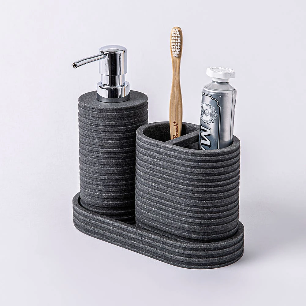 KSP Berkeley Stripe Resin Bath Accessory - Set of 3 (Grey/Black)