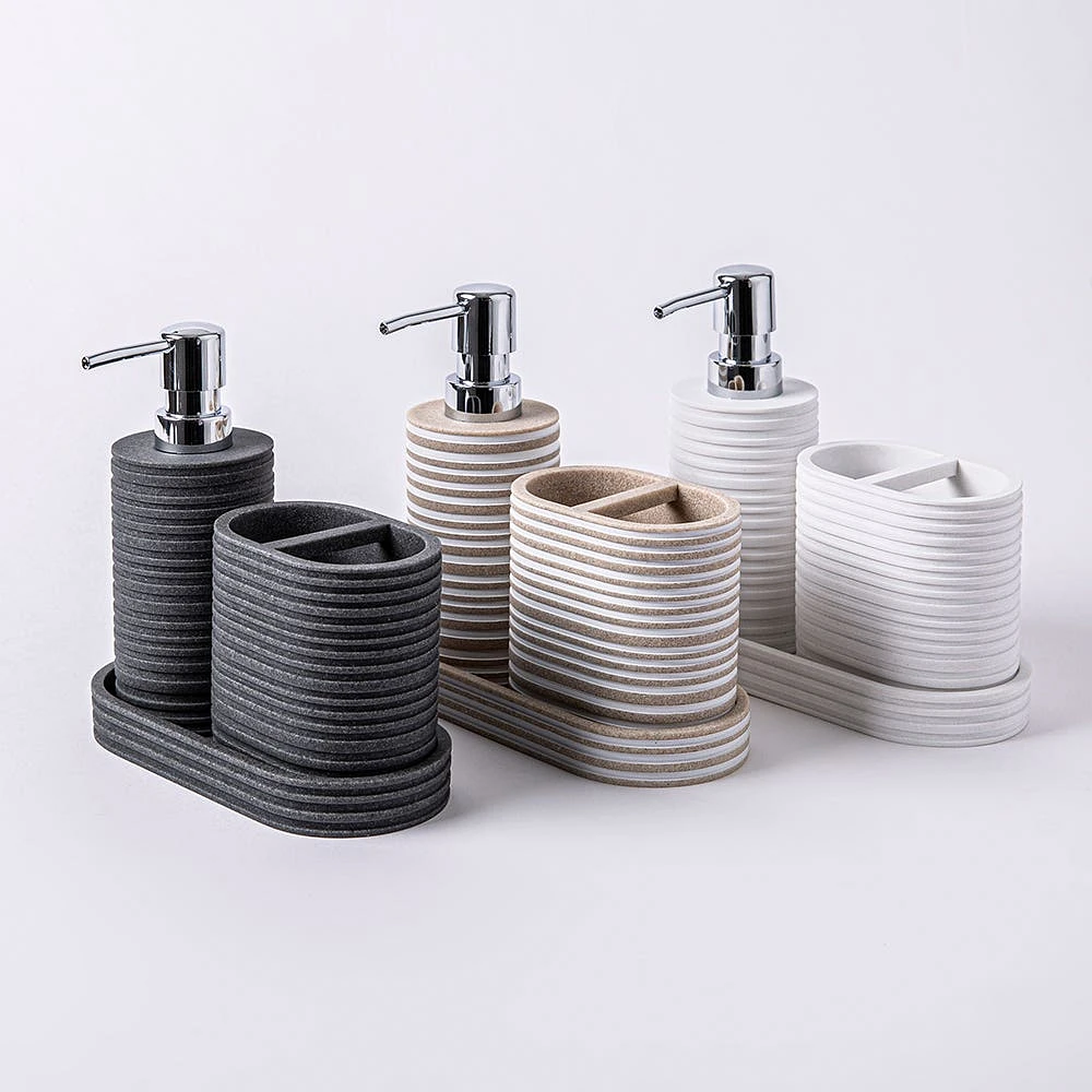 KSP Berkeley Stripe Resin Bath Accessory - Set of 3 (Grey/Black)