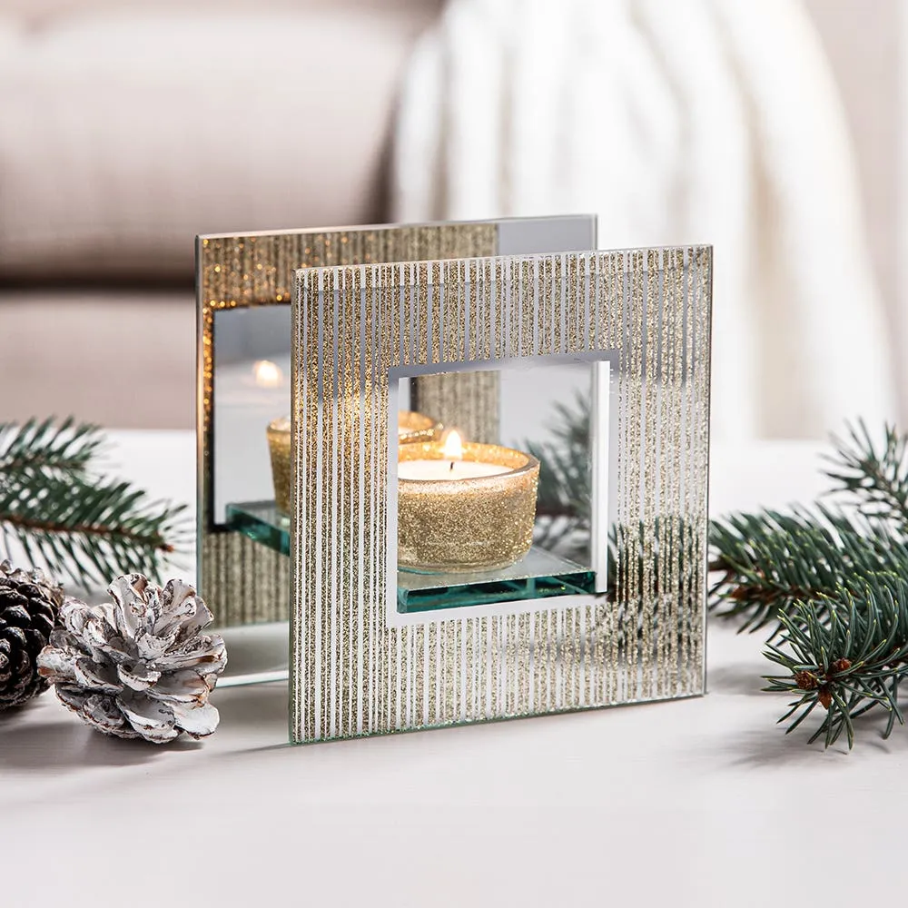 KSP Christmas Mirror 'Glitter' Glass Tealight Holder -Light (Gold