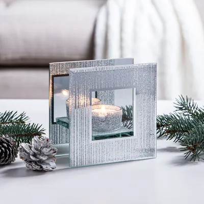 KSP Christmas Mirror 'Glitter' Glass Tealight Holder -Light (Silver