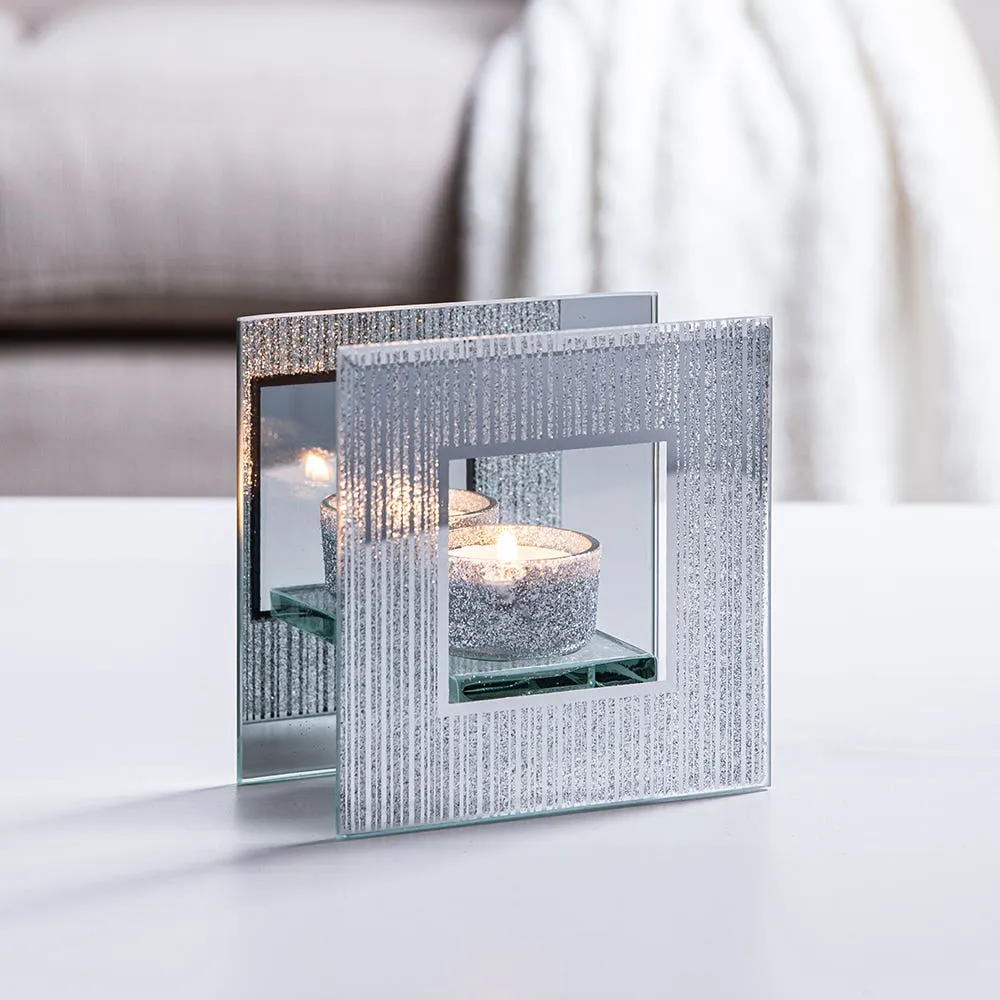 KSP Christmas Mirror 'Glitter' Glass Tealight Holder -Light (Silver