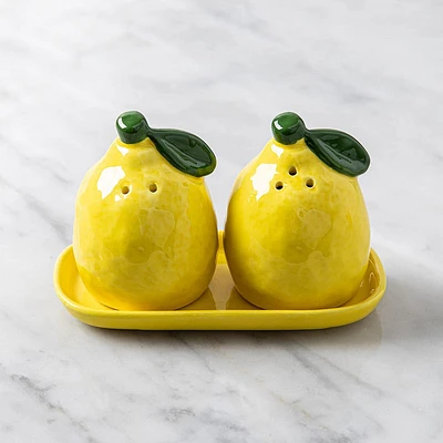 Truu Design Ceramic 'Lemon' S&P Shaker with Tray - S/2 (Yellow/Green)