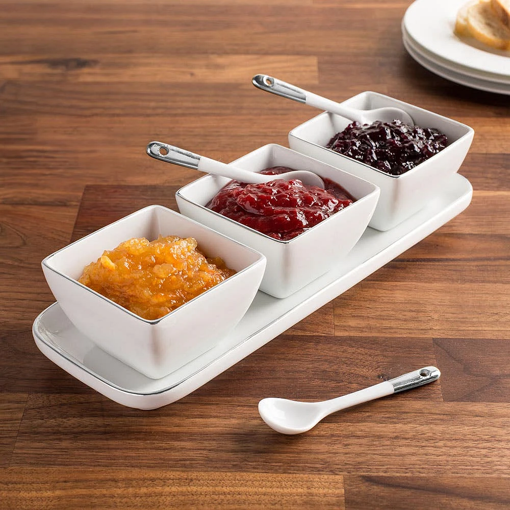 KSP Gleam Porcelain Bowls with Tray - Set/7 (White/Silver)