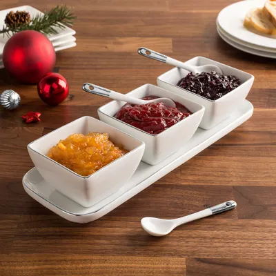 KSP Christmas Gleam Porcelain Bowls with Tray - Set/7 (White/Silver)