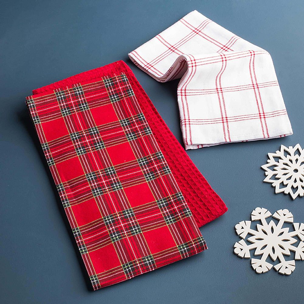 Harman Christmas 'Plaid' Cotton Kitchen Towel 18x26" - Set of 3 (Red)