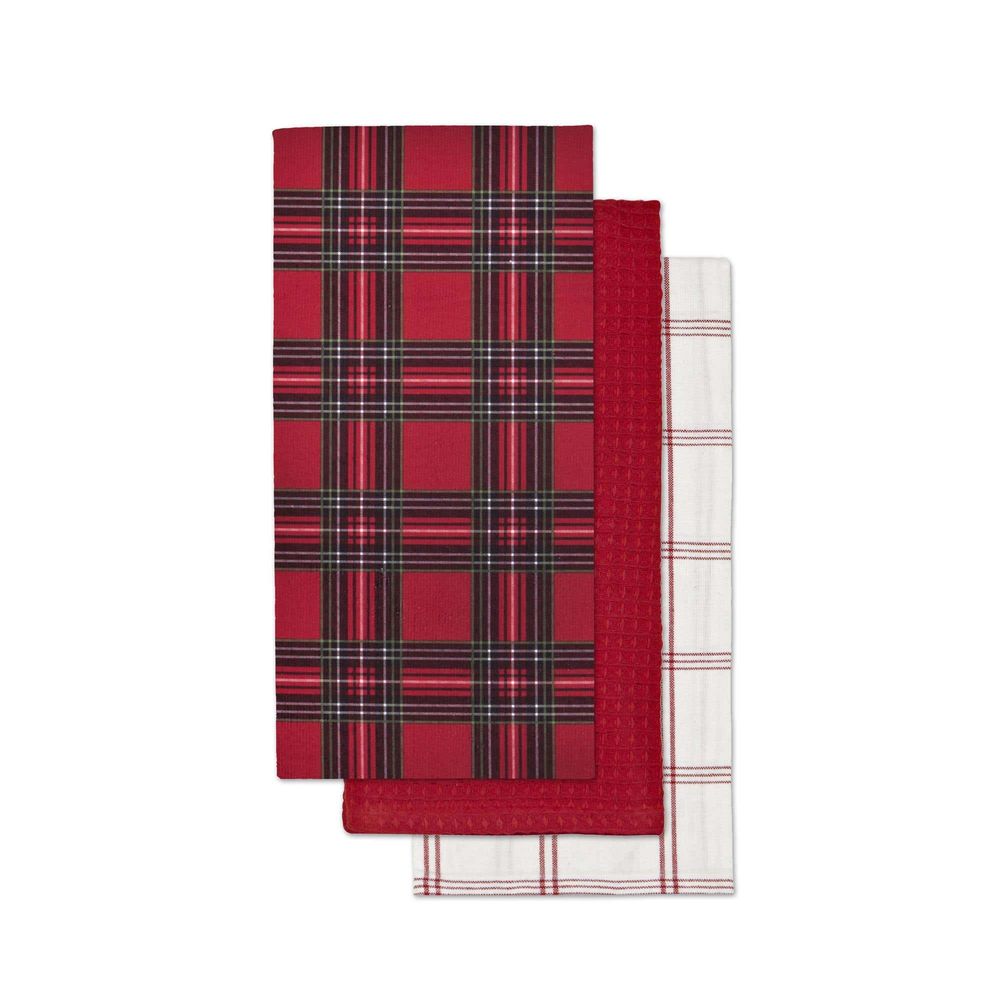 Harman Christmas 'Plaid' Cotton Kitchen Towel 18x26" - Set of 3 (Red)