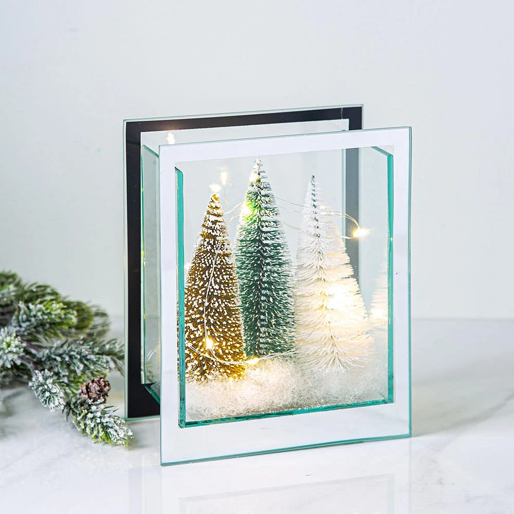 KSP Christmas Mirror Glass LED Cube with Tree (Green/Gold/White)