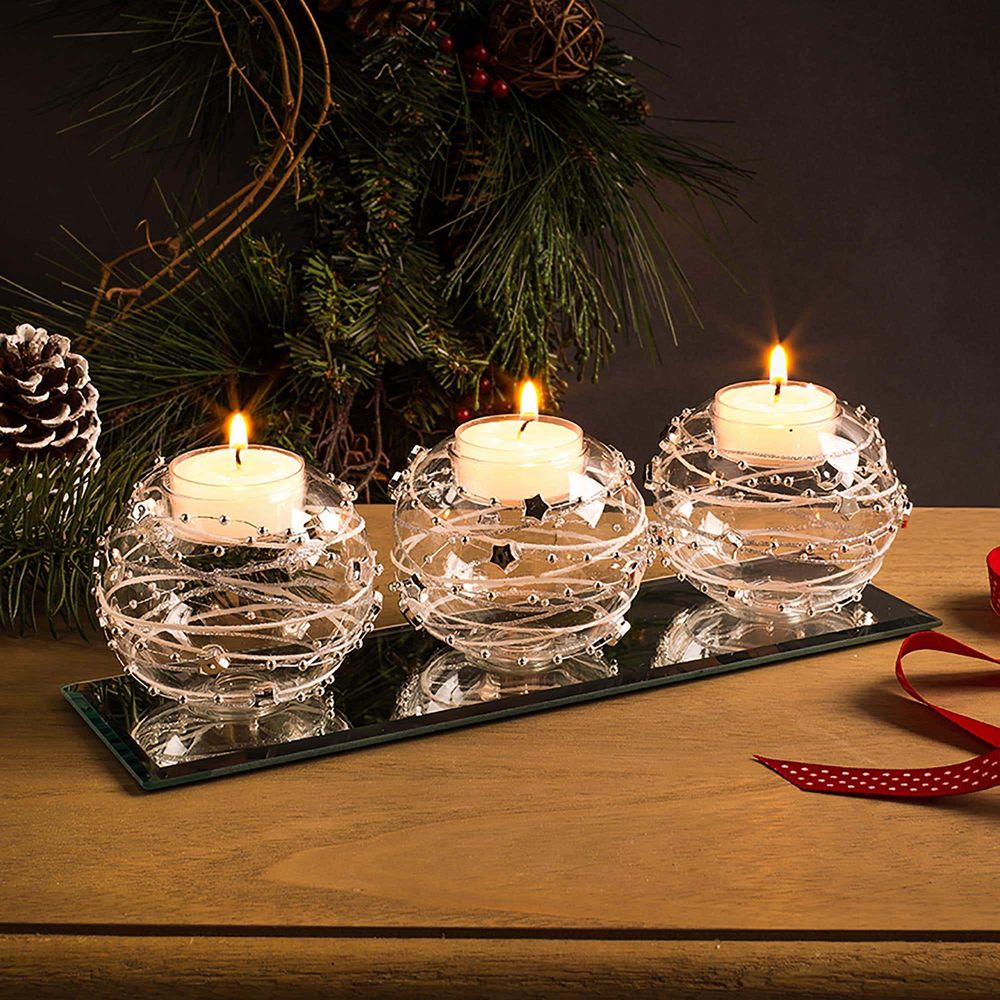 KSP Christmas Twinkle Tealight Holder with Mirror Base - Set of 3