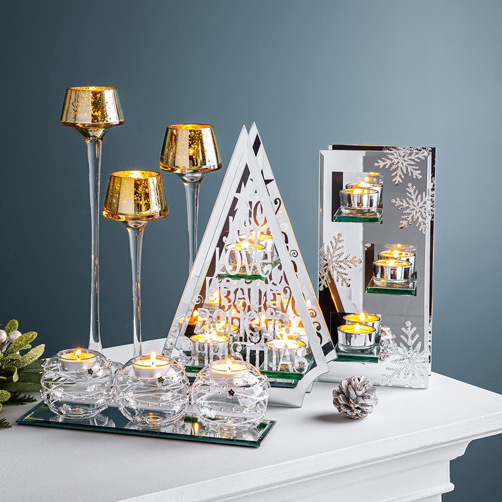 KSP Christmas Twinkle Tealight Holder with Mirror Base - Set of 3