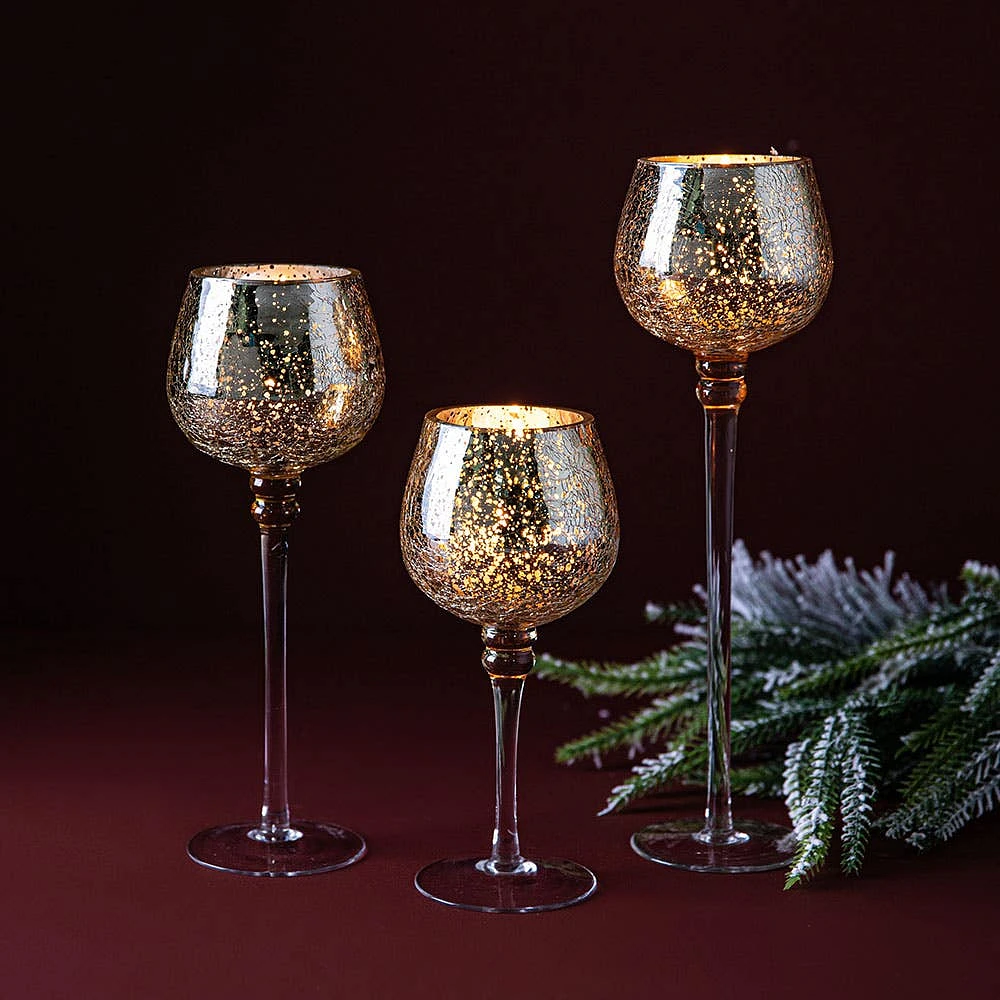 KSP Illume Crackle Glass Stem Candleholder - Set of 3 (Gold)
