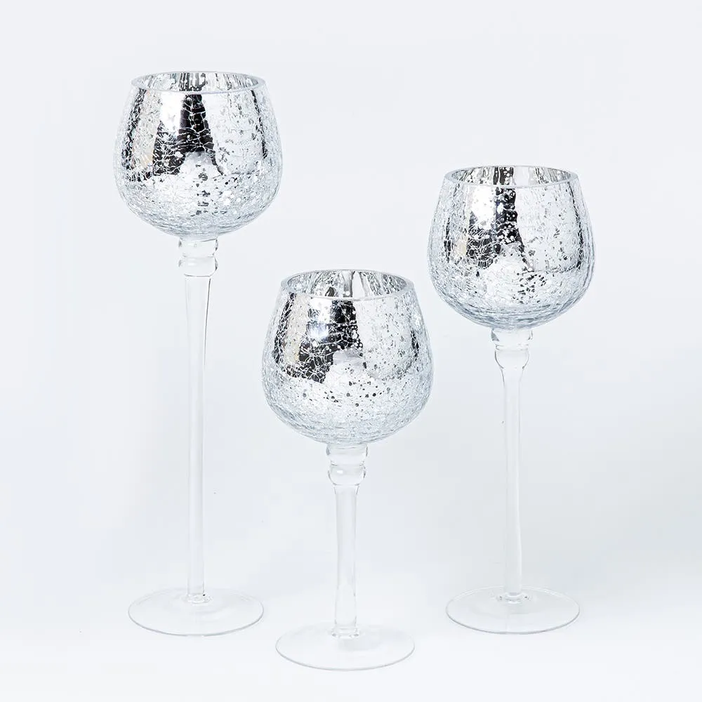 KSP Illume Crackle Glass Stem Candleholder - Set of 3 (Silver)