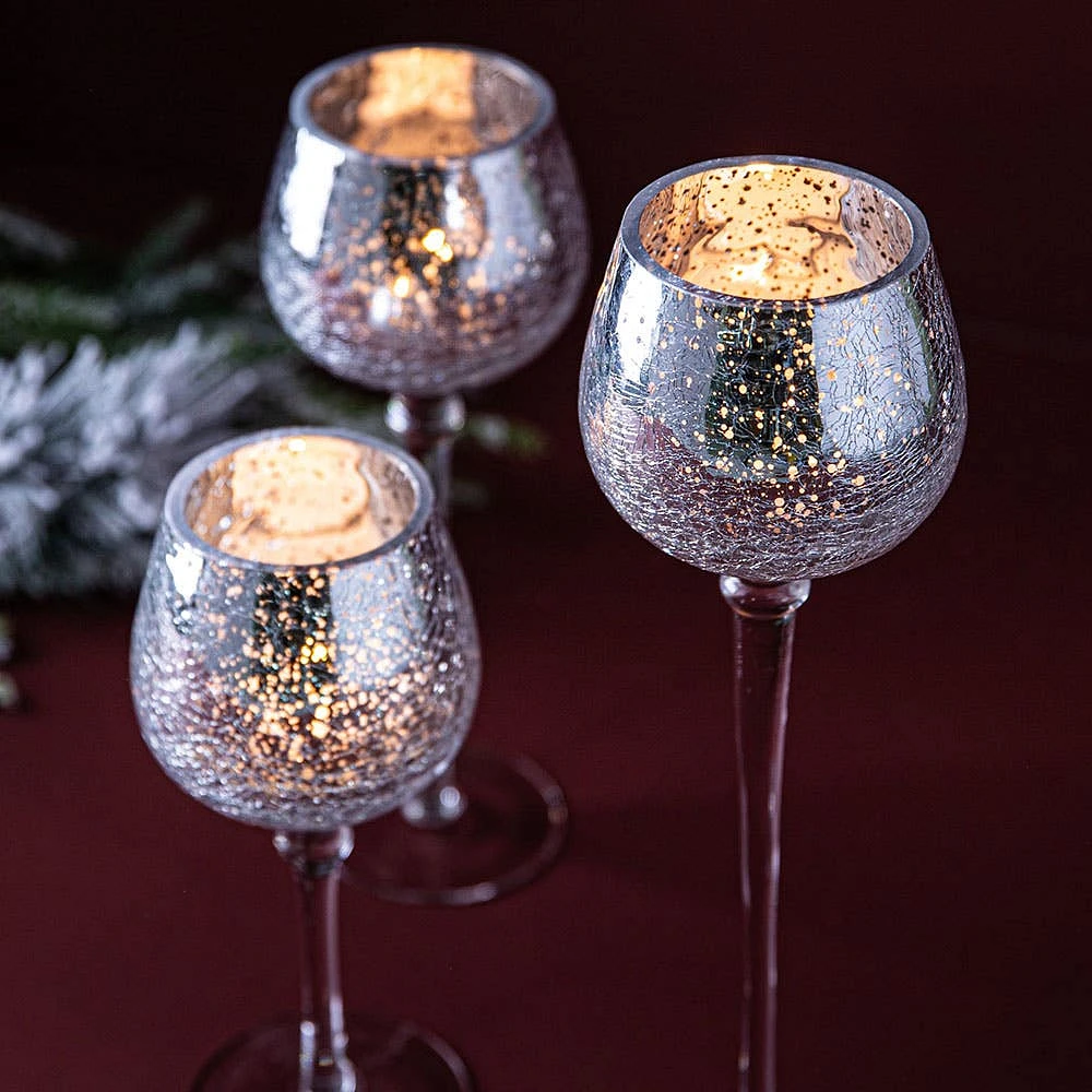 KSP Illume Crackle Glass Stem Candleholder - Set of 3 (Silver)