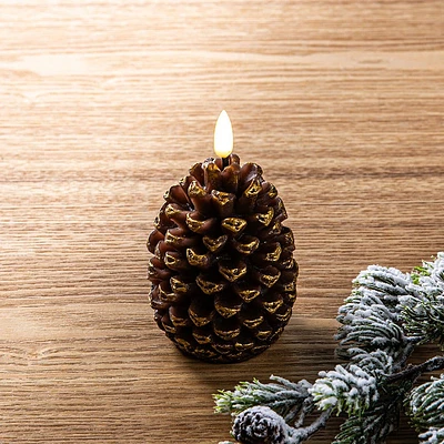 KSP Christmas Delight 'Pine Cone' LED Wax Candle 8cm (Brown/Gold)